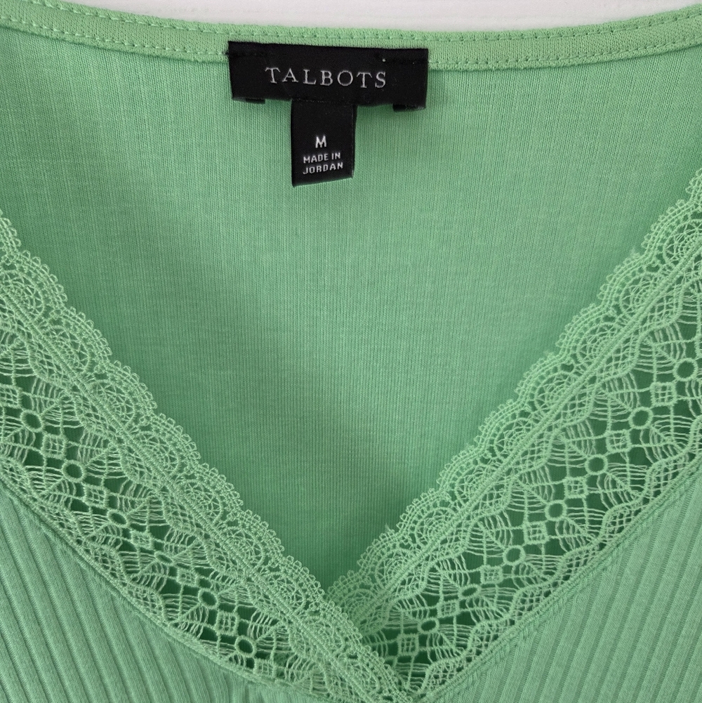 Talbots Ribbed Green Lace Trimmed Top - Picture 2 of 5